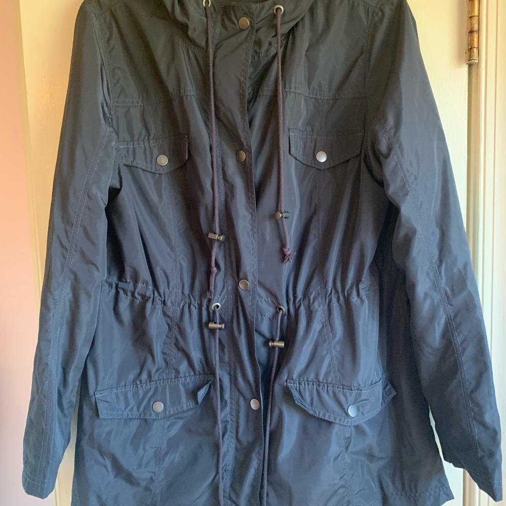 blue parka raincoat